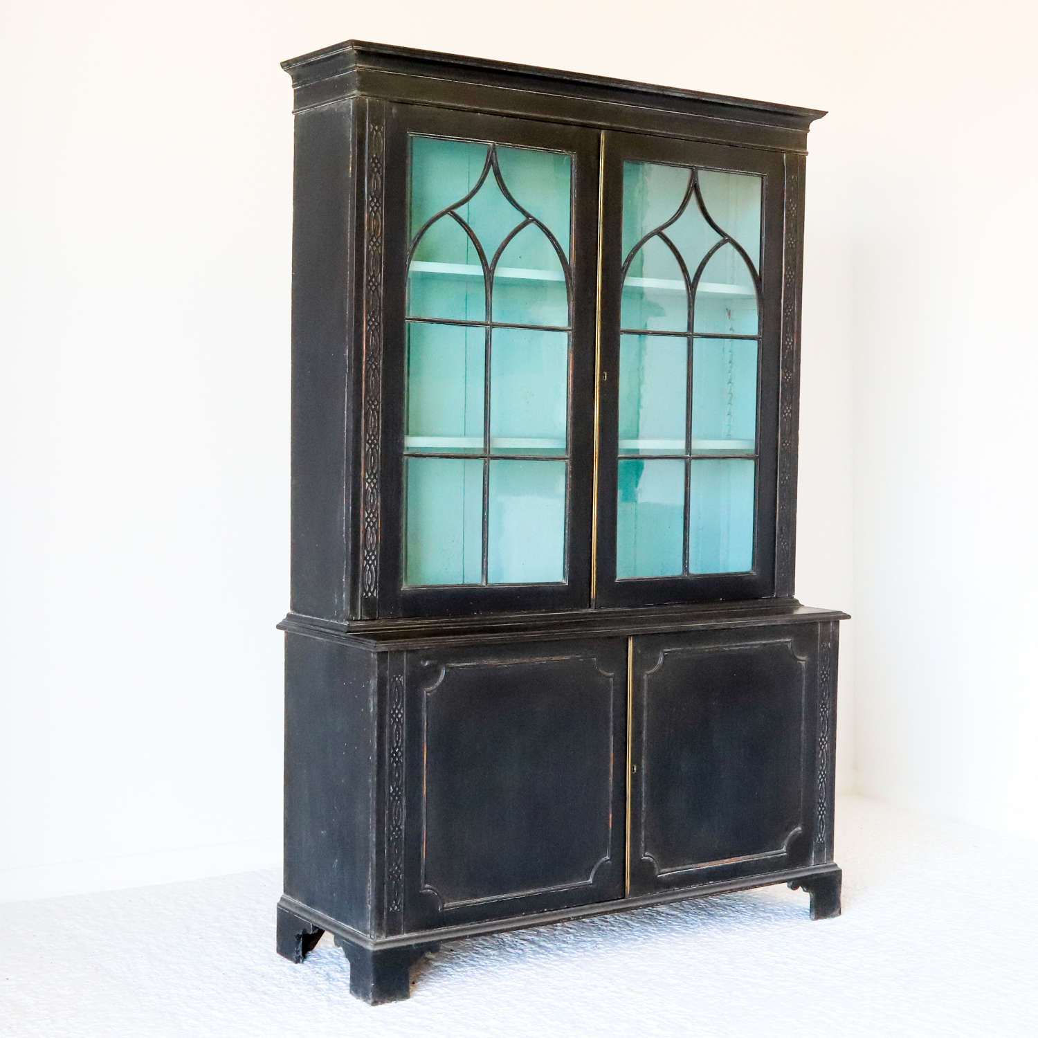 Antique black painted bookcase icy blue interior 2 adjustable shelves