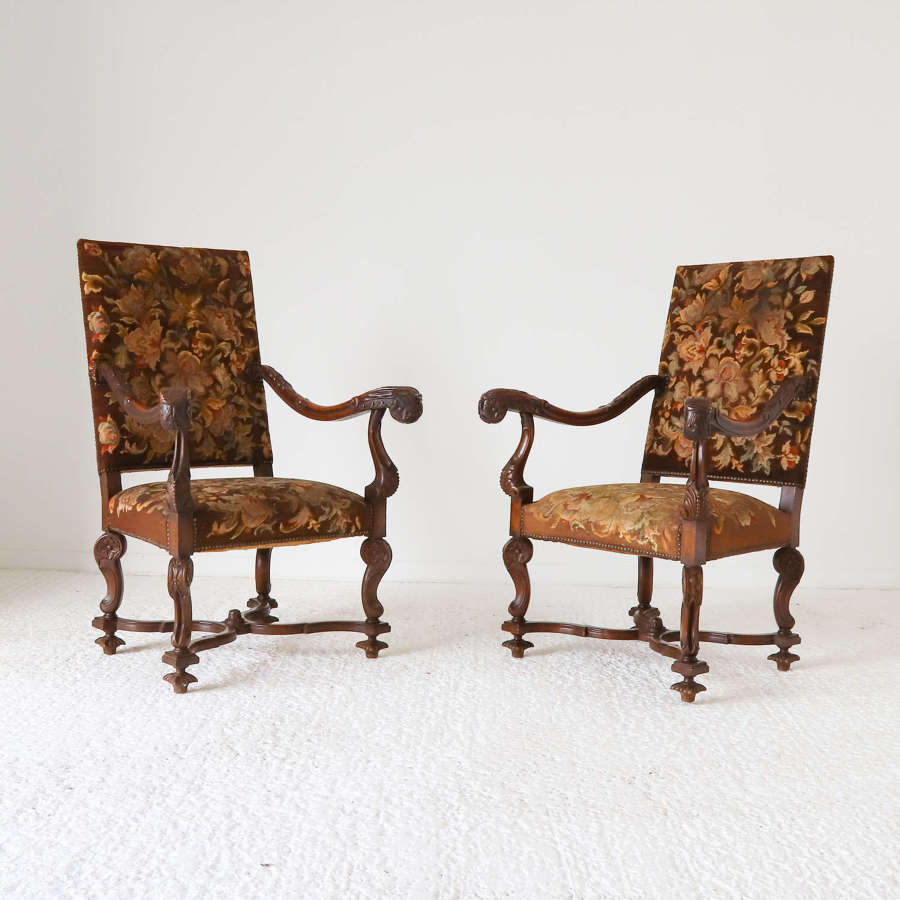 19th century French larger than usual imposing walnut throne chairs