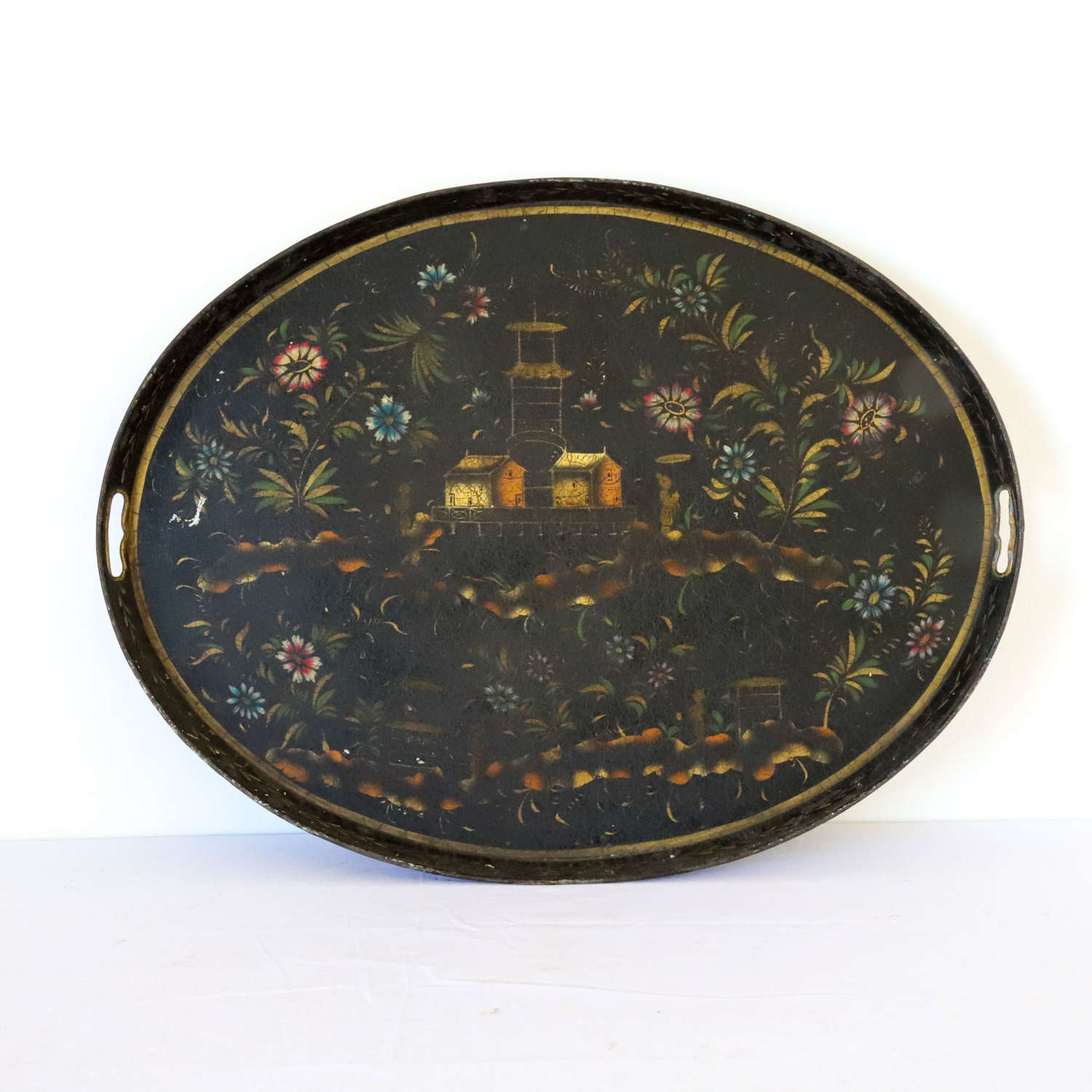 Swedish c. 1900 antique chinoiserie decorated oval tray
