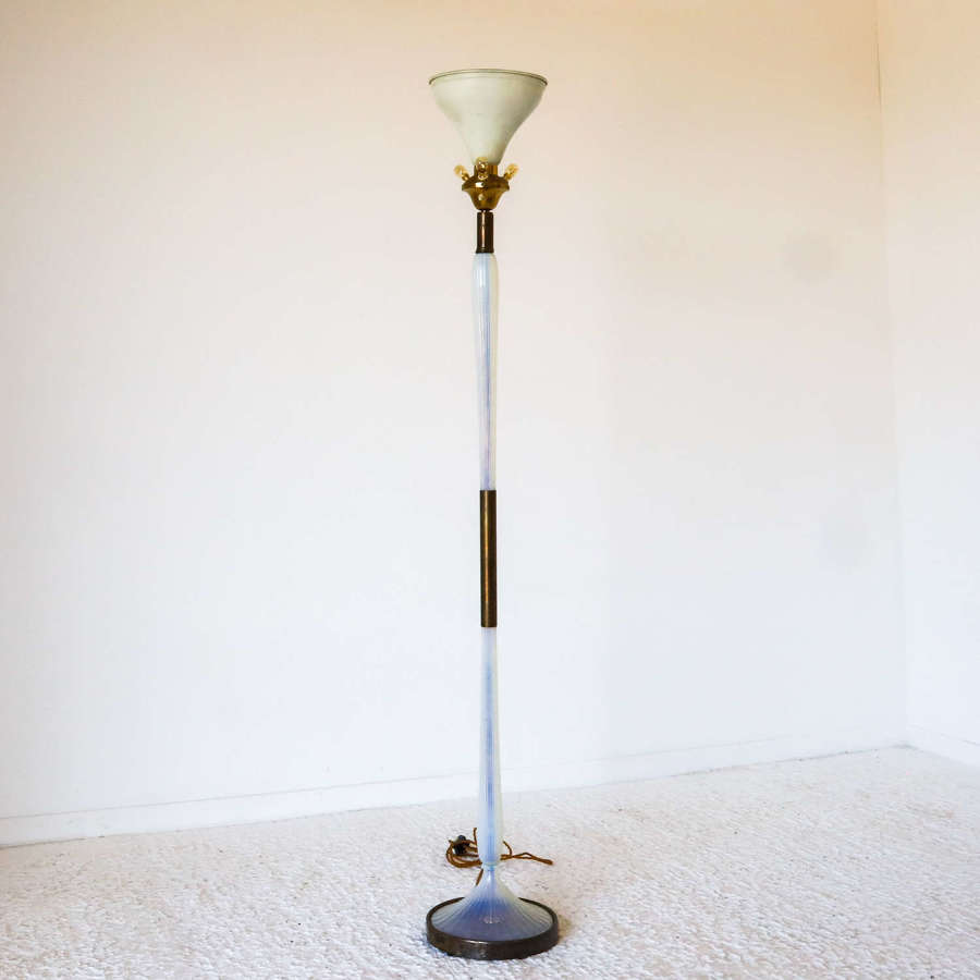 Mid century pearlescent blue tinted glass standard lamp