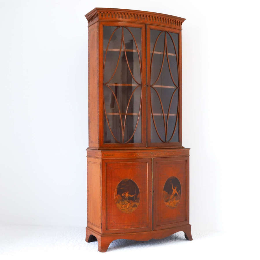 English c1890 satinwood bow fronted bookcase inlaid base/glazed upper