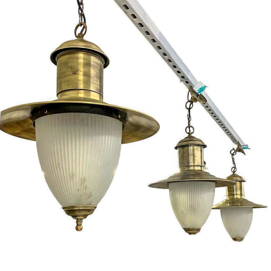 1960/70s Run of 3 Brass Holophane Hanging Lights for sale individually