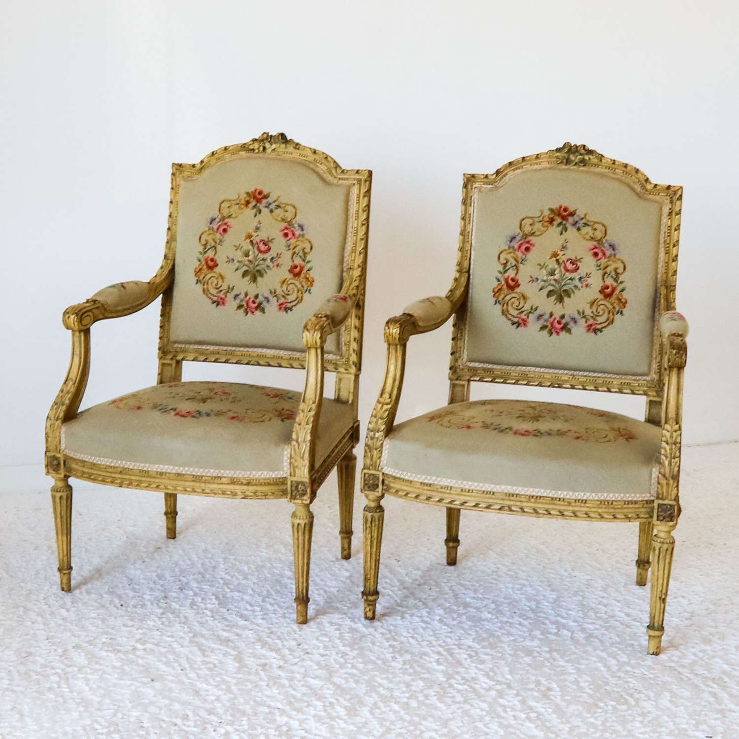 1900 French Louis XVI Style Painted Chairs Petite Point upholstery