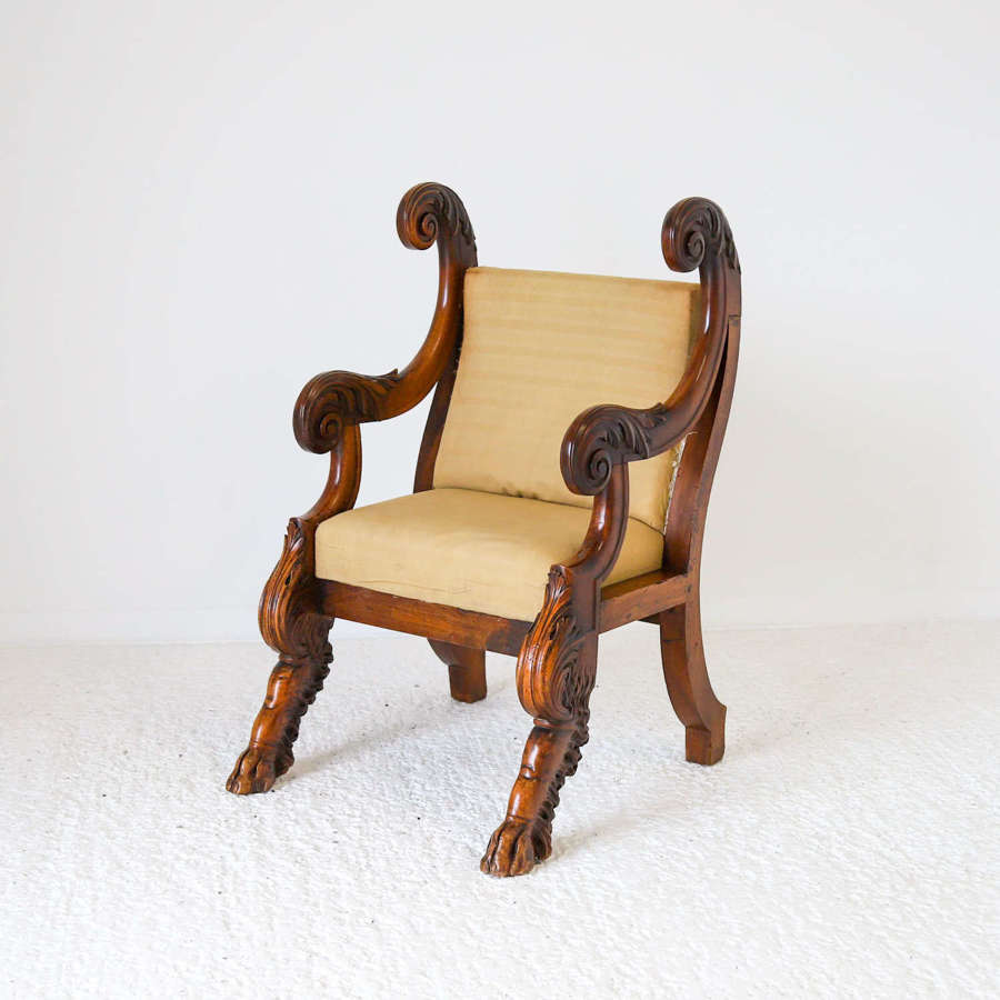 Unusual 1860 carved English walnut side chair mythical beast feet