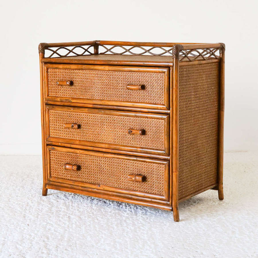 English 1960s/70s bamboo rattan & canework galleried 3 drawer chest
