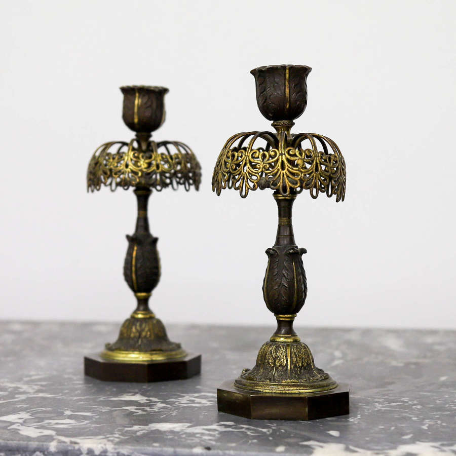 English 19th century pair of bronze Regency style candlesticks