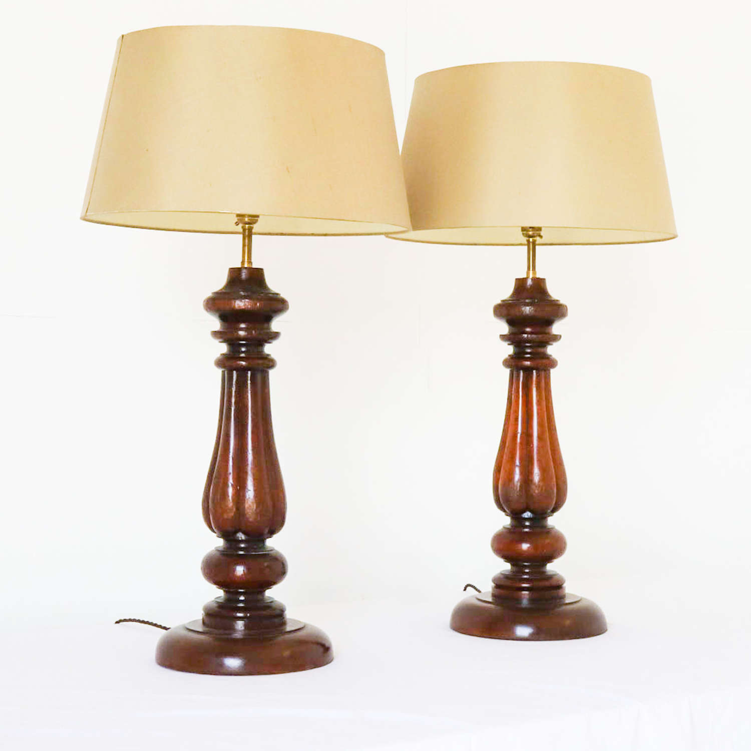 English 1880 pair of mahogany lamps from pair of Gillows legs