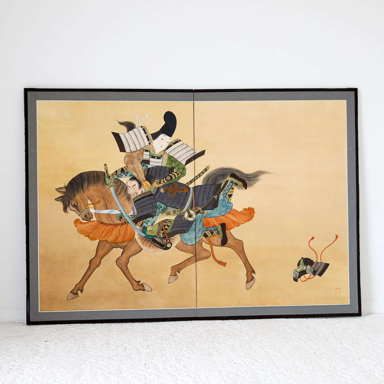 Japanese late 19thC hand painted 2 fold wall hanging screen