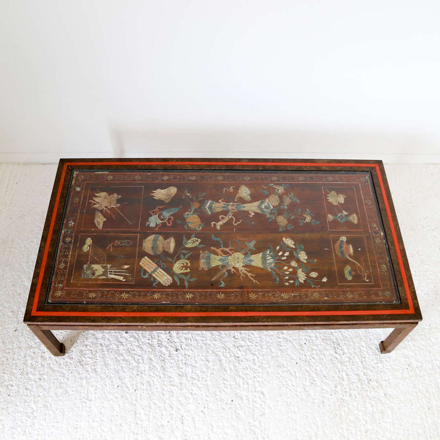 Large Chinese low table with 19thC lacquered Coromandel panel