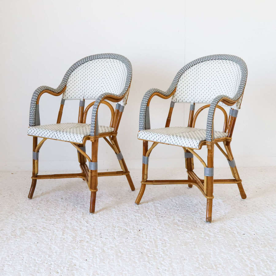 Maison Gatti France 1980 pair of faux bamboo & wickerwork armchairs