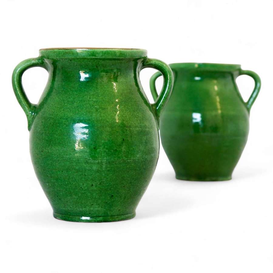 Pair of French Vintage Green Confit Pots