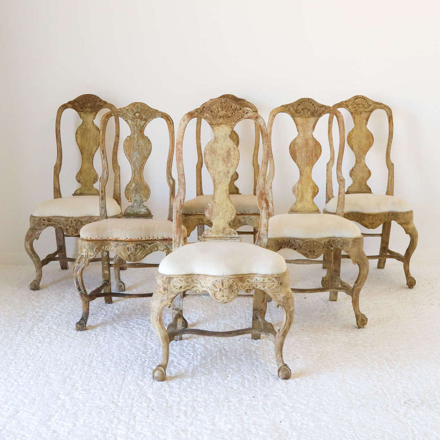 6 Swedish 18th Century Dining Chairs Original Scraped Back Paint