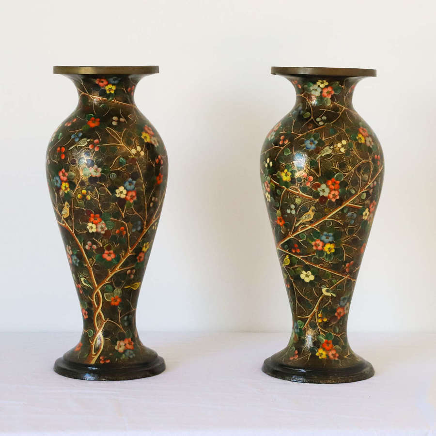 Pair Kashmiri Vases Papier-mâché Brass Liners Hand Painted Lacquered