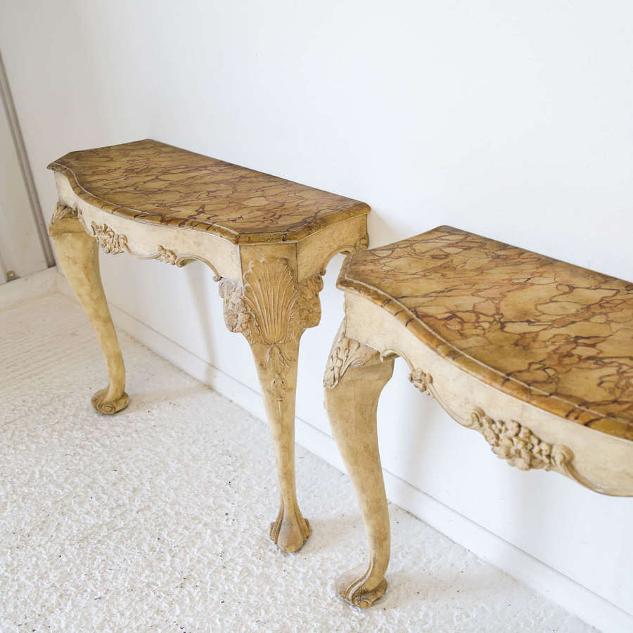 Pair of French Console Tables c 1920 later painted faux marble tops