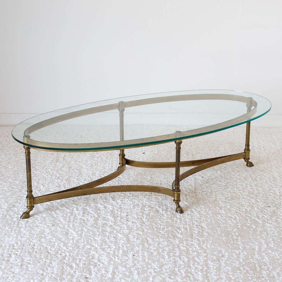 French Mid 20th C Maison Jansen Style Coffee Table Brass & Glass