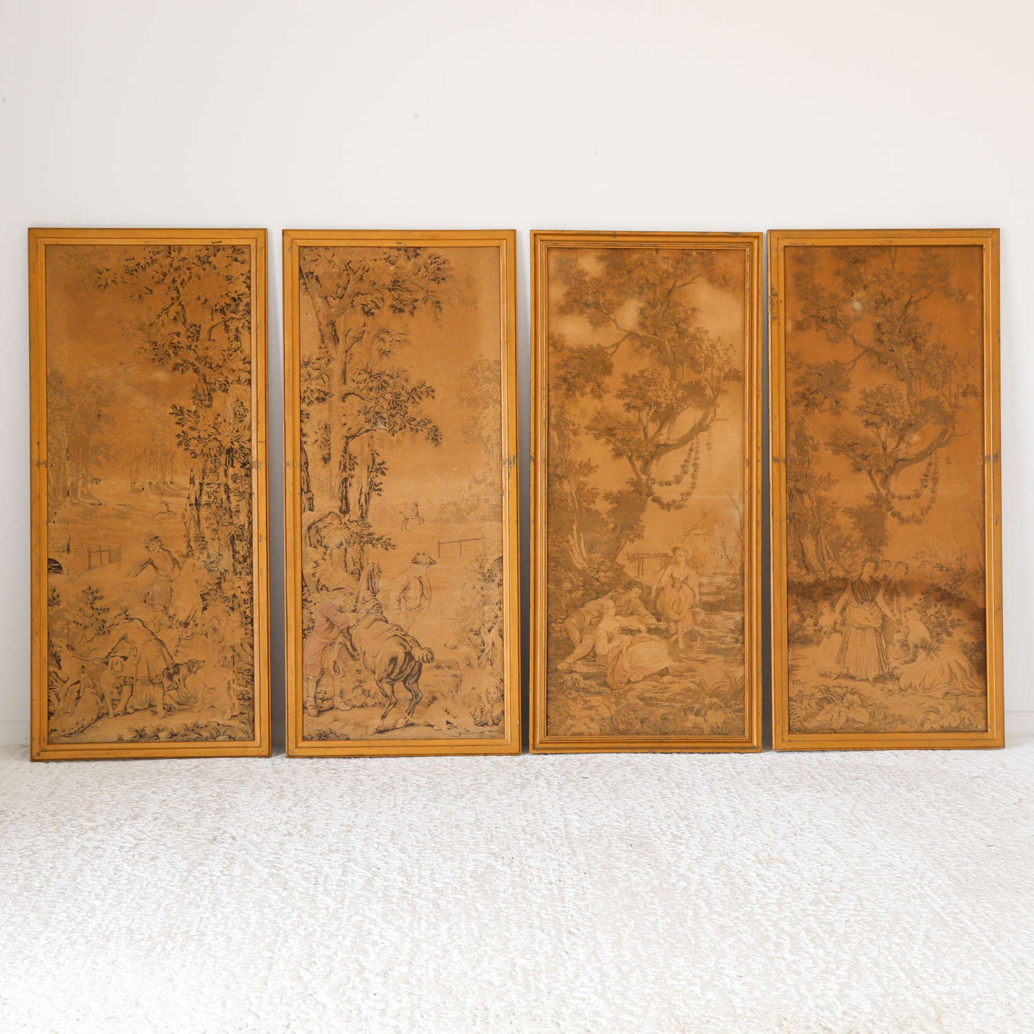 Set of 4 Framed Tapestry Wall Panels c 1920 Sepia Tone on Gold