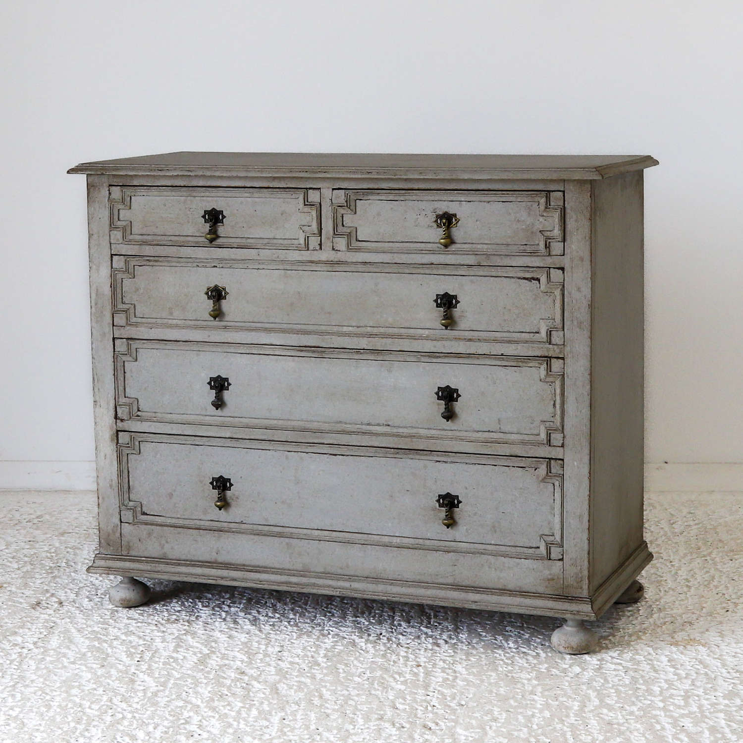 Oak Chest of Drawers with Geometric Moulding Mottled Grey Paint Finish