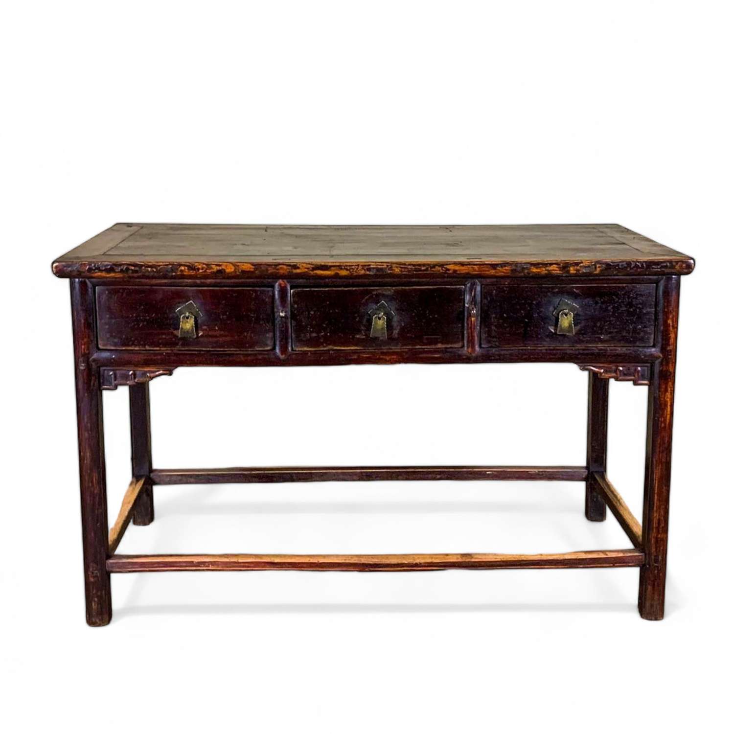 Early 19th Century c. 1850 Chinese Elm 3 Drawer Scroll Table/Console