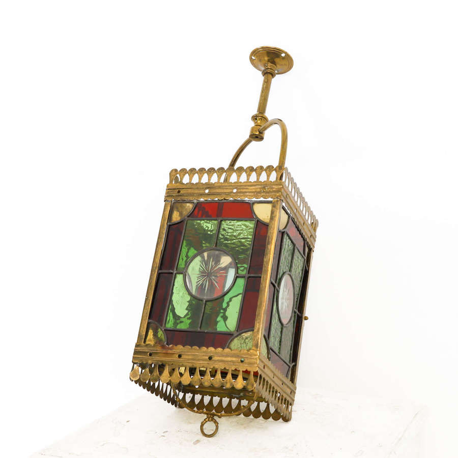 Edwardian Brass And Stained Glass Lantern original condition