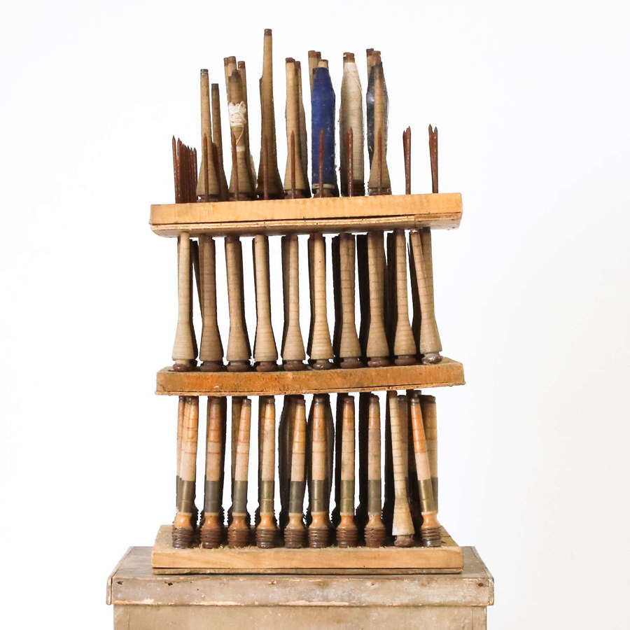 Antique Lace Maker's Bobbins on 3 stacked stands