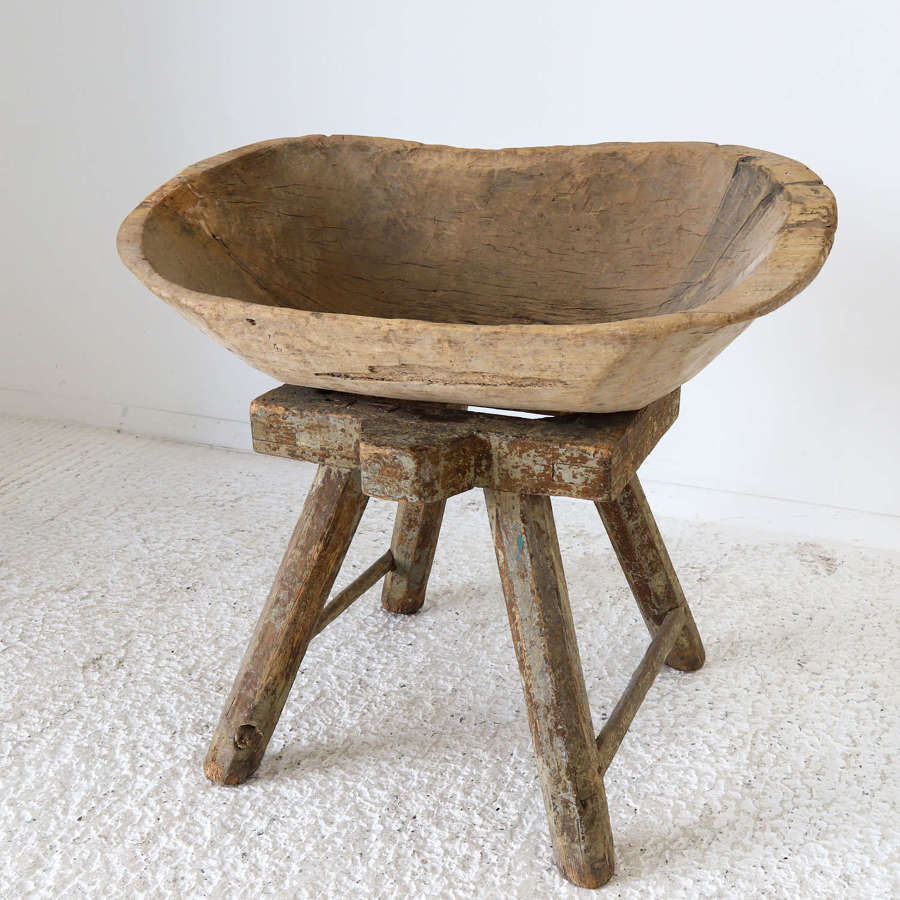 Antique Wooden Dough Bowl and Stand