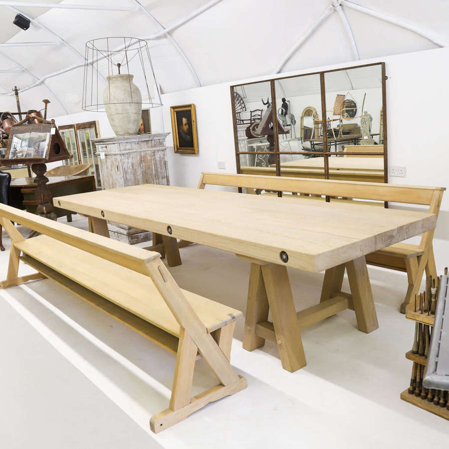 Dining Table Set comprising Trestle Table and Antique Pew Benches