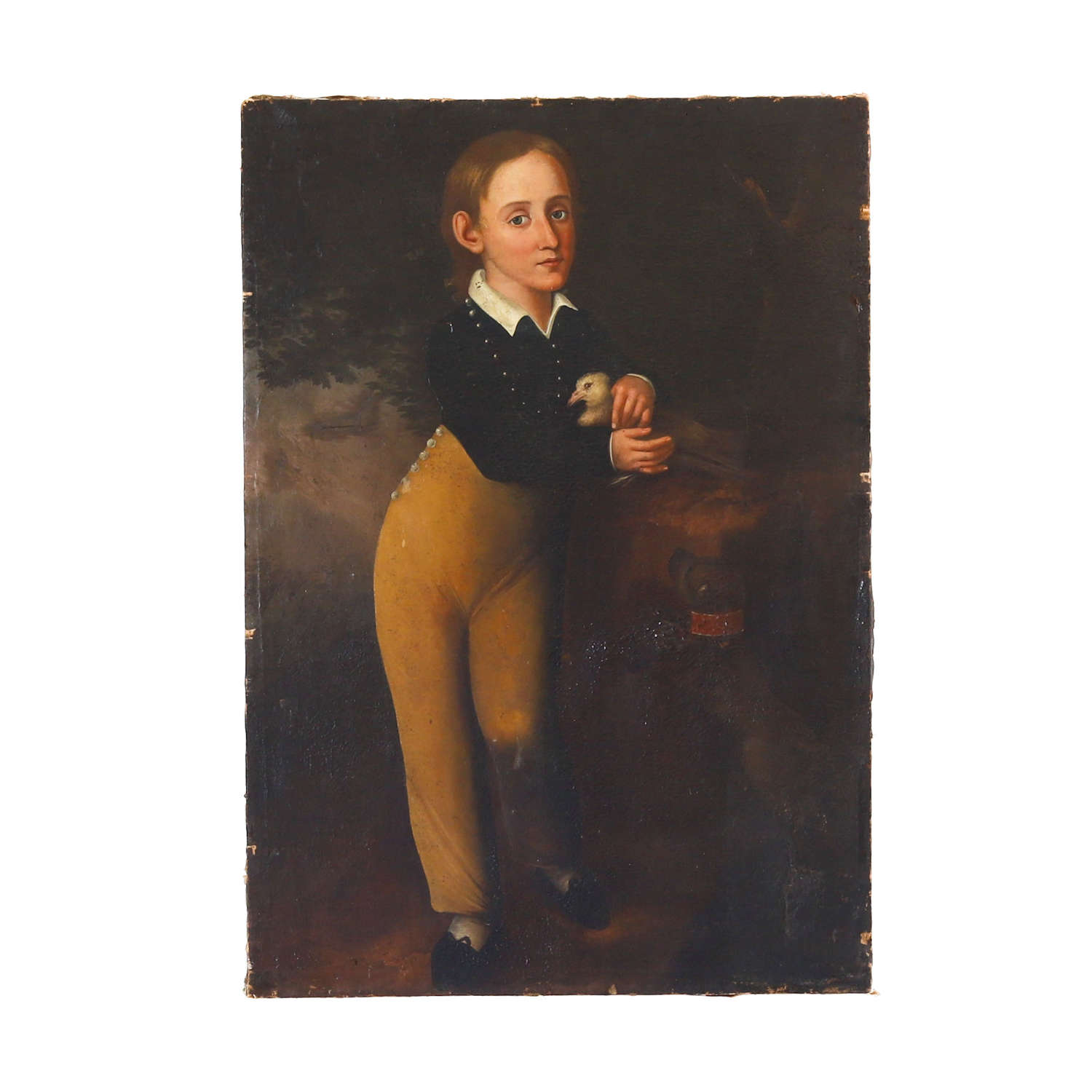 Antique 19th Century Oil Painting on Canvas of Young Boy with Dog