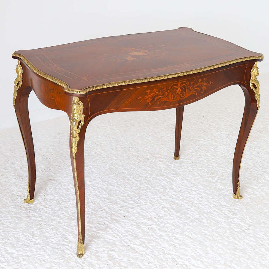 French c 1860 Ormolu Mounted Foliate Marquetry Rosewood Table