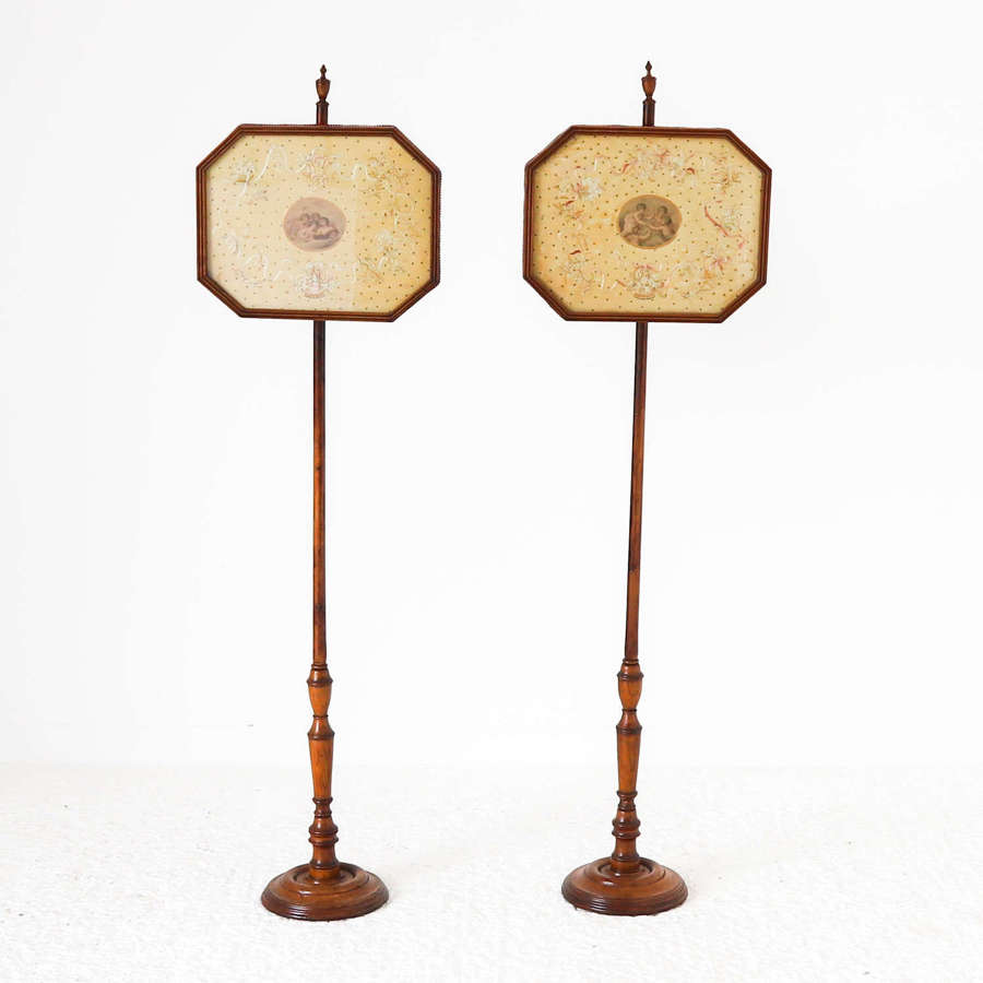 Pair of Regency Satinwood Exquisitely Embroidered Pole Screens