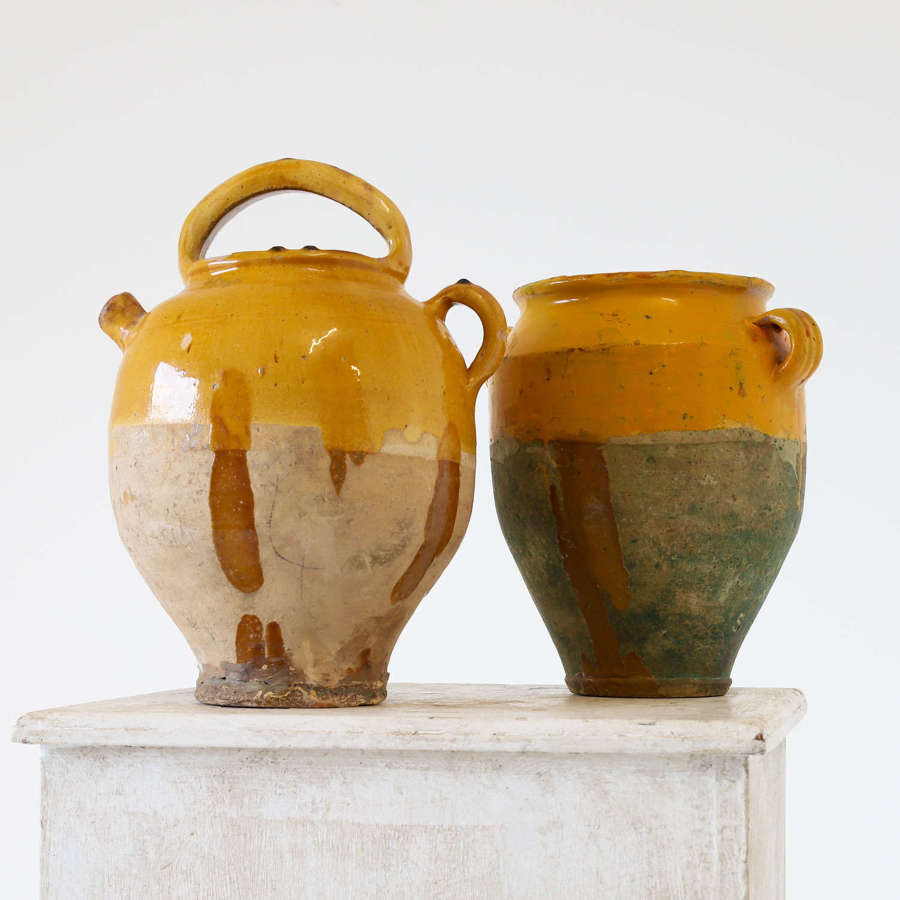 2 French early 20th Century Yellow Part Glazed Pottery Confit Jars