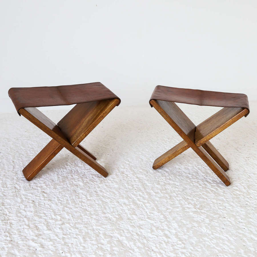 Pair of French Mid 20th C Saddle Hide and Mahogany Folding Stools