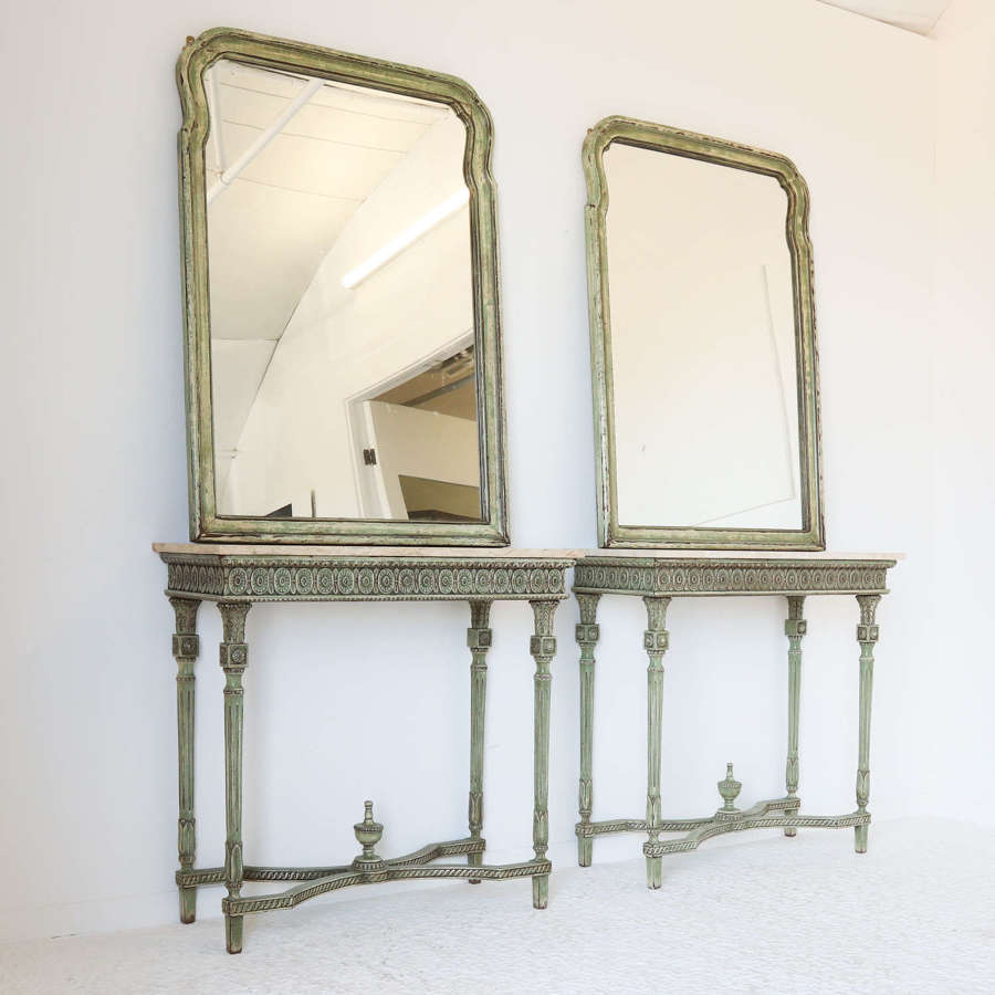 Pair of French Painted Louis XVI Style Console Tables with Mirrors