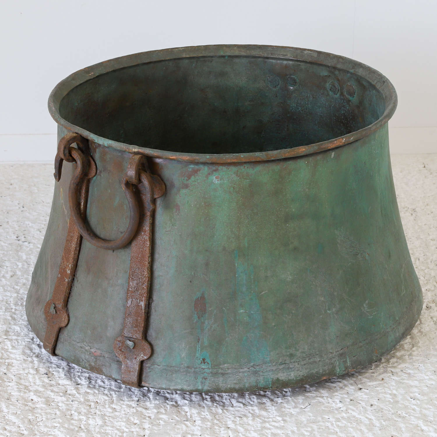 Very Large Scale Antique Copper Cauldron with Verdigris