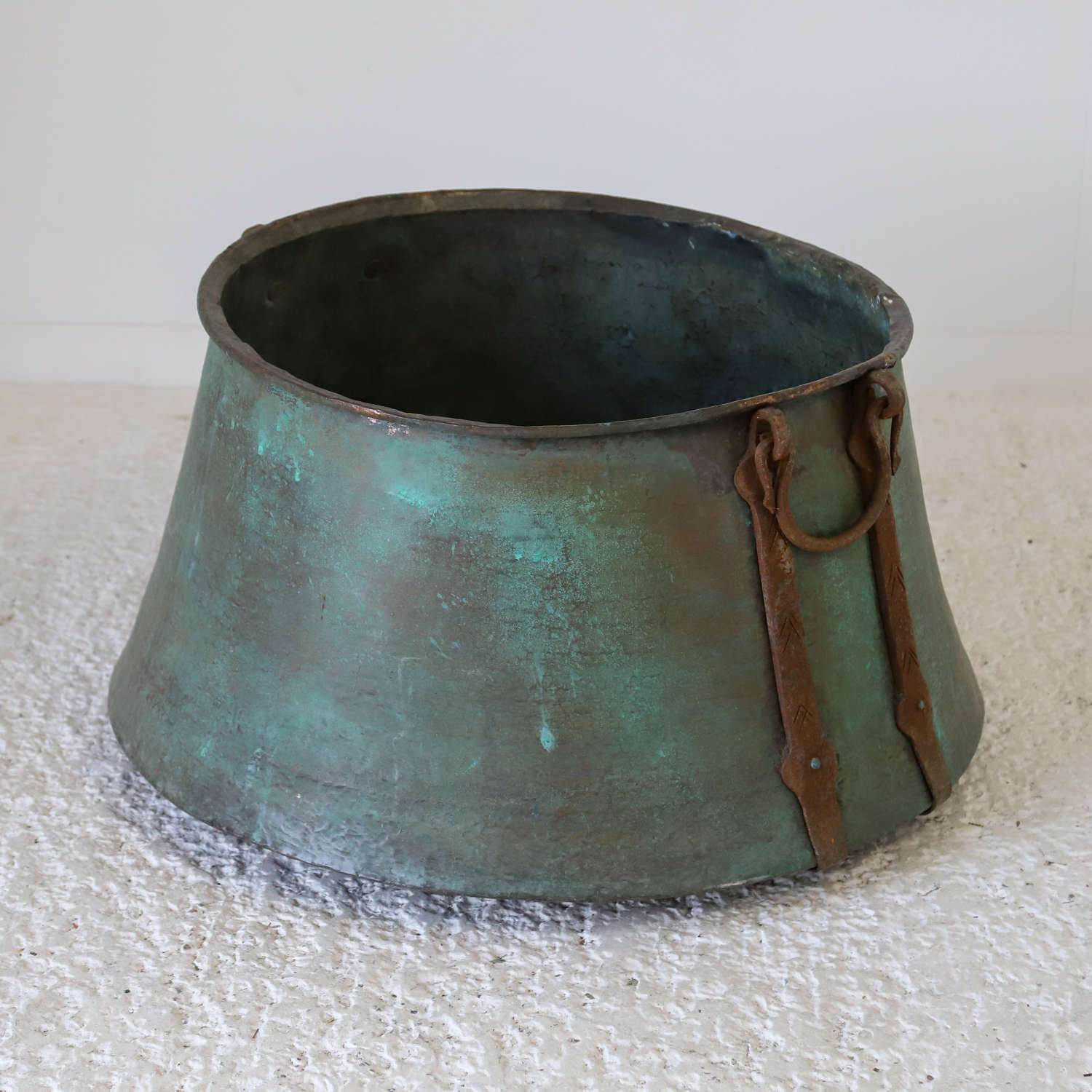 Very Large Scale Antique Copper Cauldron with Verdigris