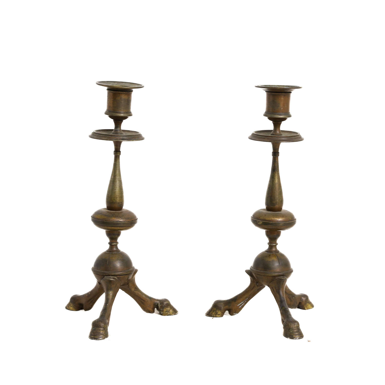 Pied-de-biche or Hoof Foot Candlesticks - French c1890 good patination