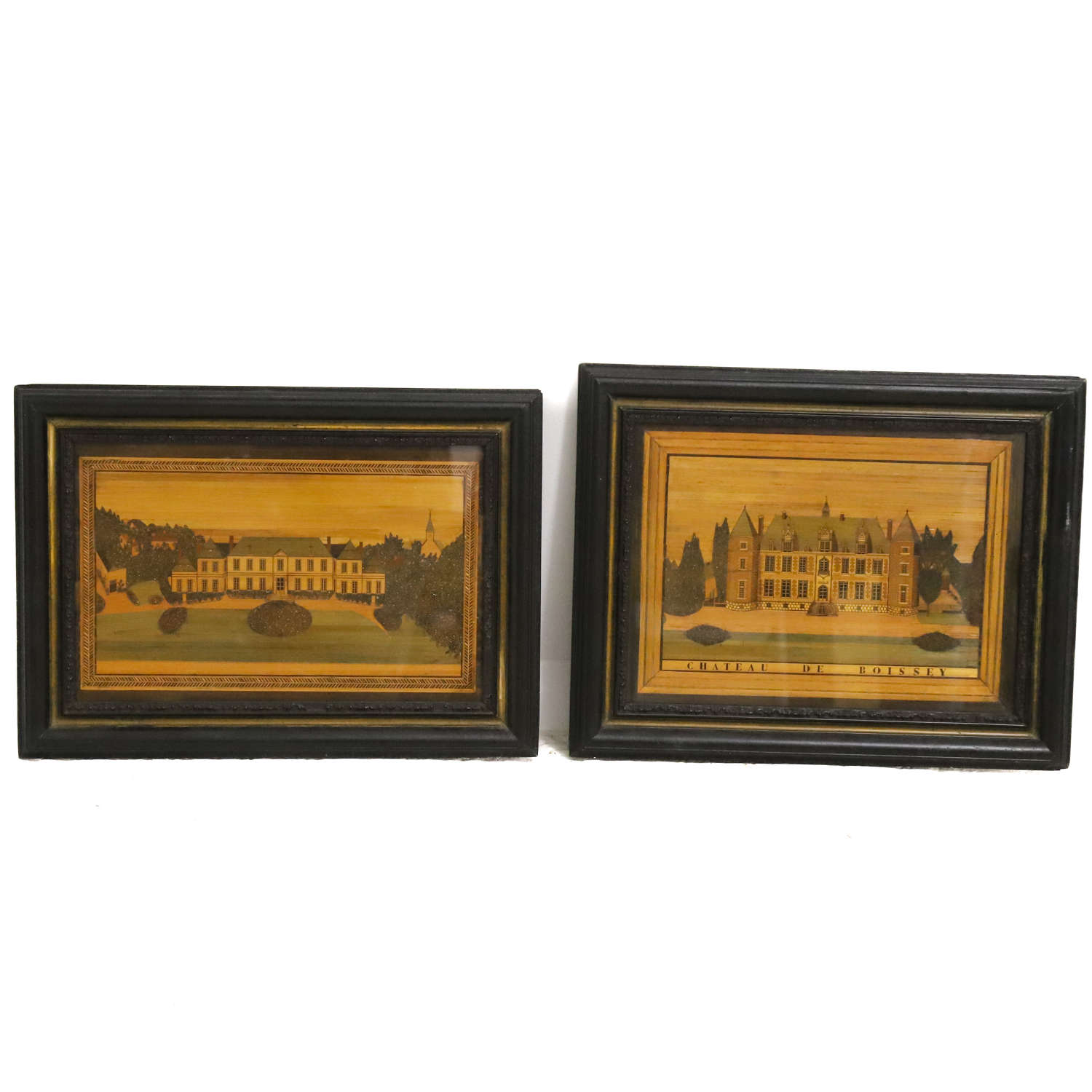 Pair of Straw Pictures Chateau de Boissey original frames France c1890