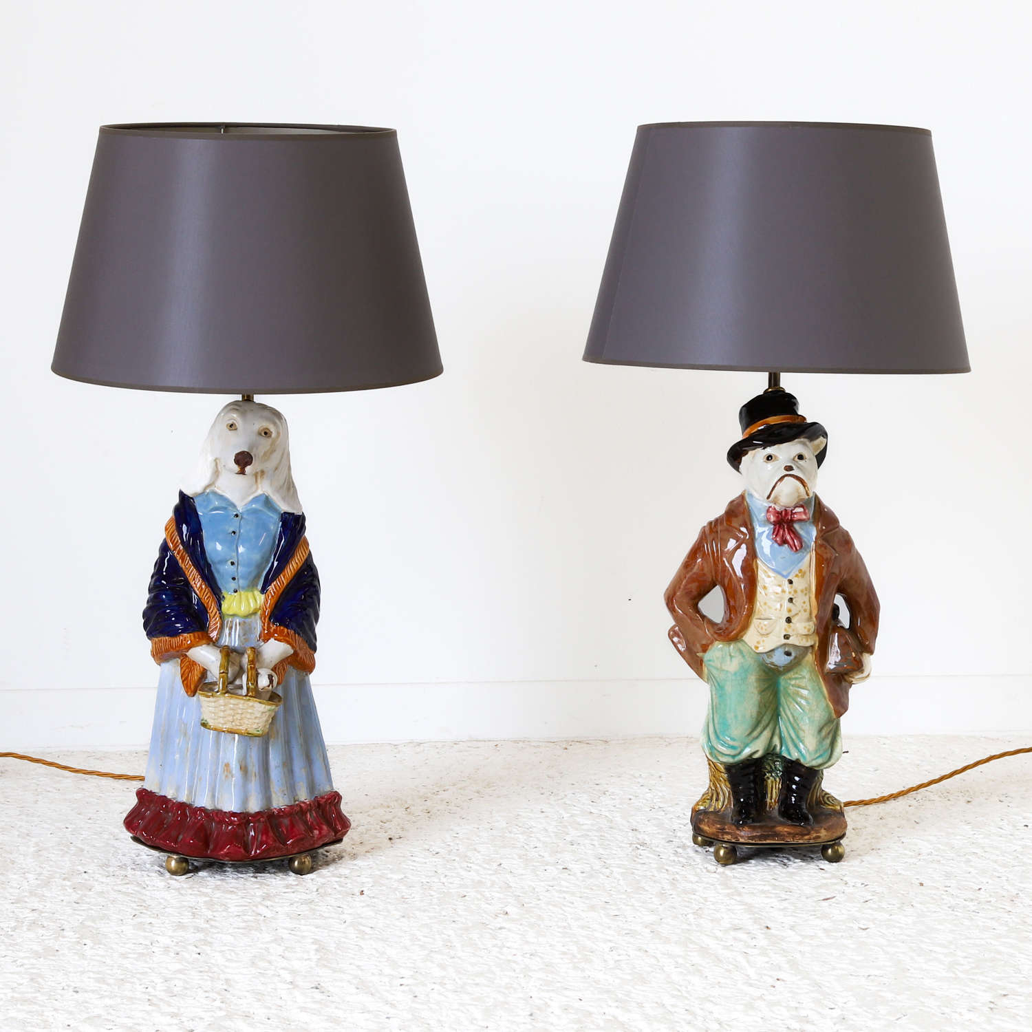 Pair of Staffordshire Style Majolica Dog Lamps circa 1950